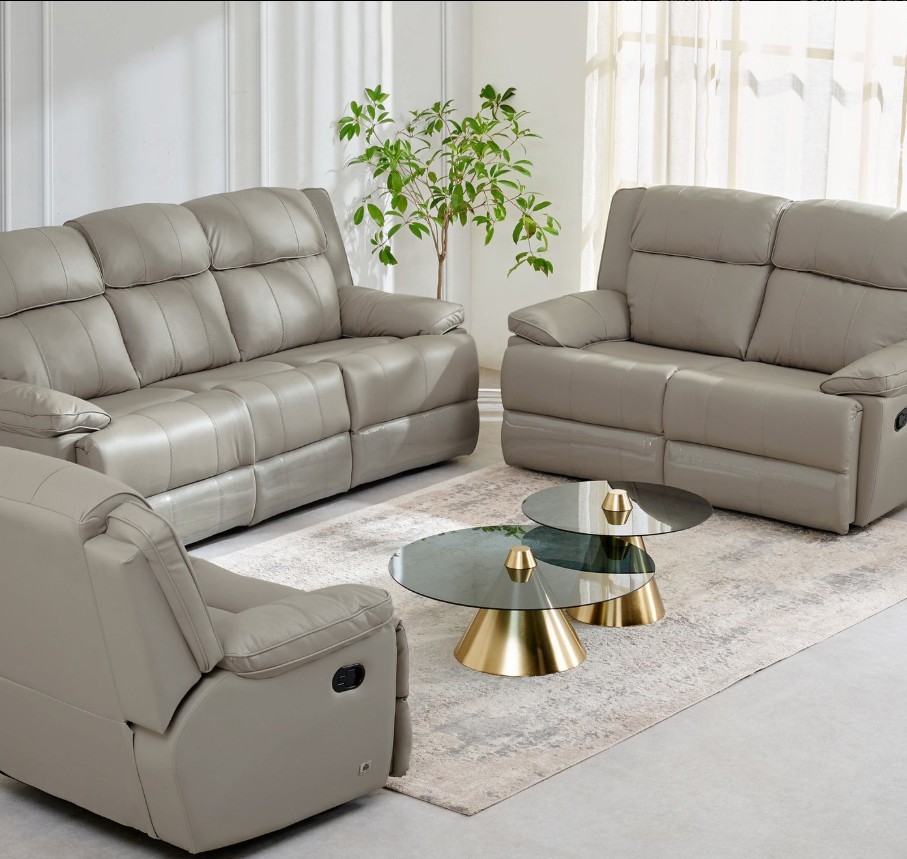 Half Leather 3+2+1 Seater Recliner Set - Grey