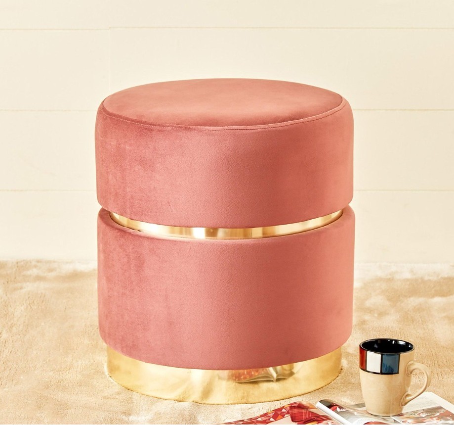 Coral Velvet Ottoman with Gold Accents
