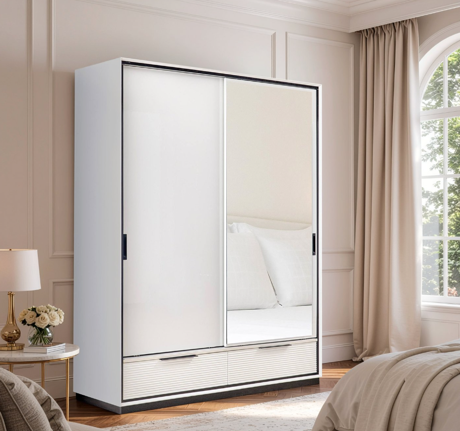2-Door Sliding Wardrobe with Mirror - White